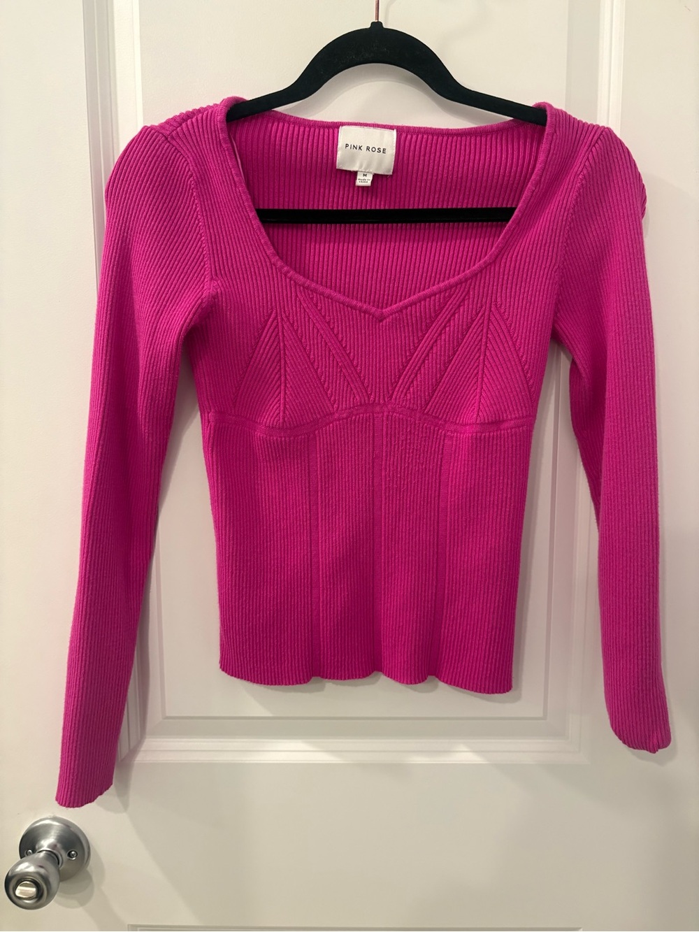 Pink Rose Bright Fuchsia Ribbed Long Sleeve Top